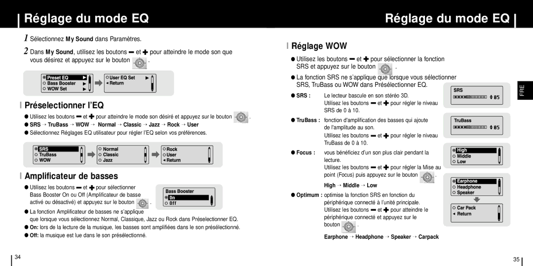 Samsung YP-T6X/ELS, YP-T6ZL/ELS, YP-T6Z/ELS Réglage du mode EQ, Préselectionner l’EQ, Amplificateur de basses, Réglage WOW 