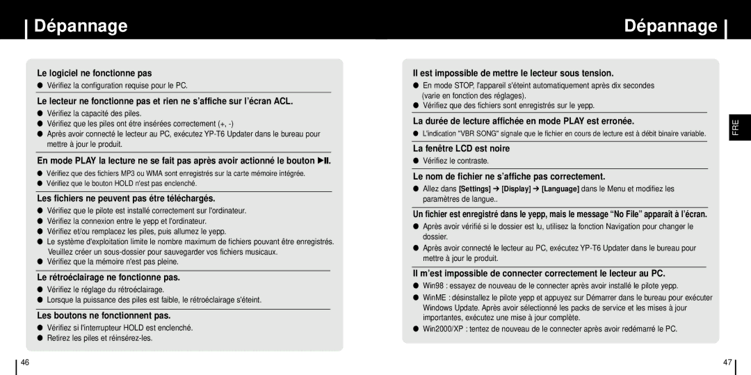 Samsung YP-T6X/XAA, YP-T6X/ELS, YP-T6ZL/ELS, YP-T6Z/ELS manual Dépannage, Les fichiers ne peuvent pas é tre té lé chargé s 