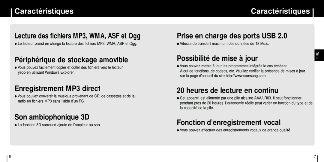 Samsung YP-T6H/ELS manual Caractéristiques, Possibilité de mise à jour, La fonction 3D surround ajoute de l’ampleur au son 