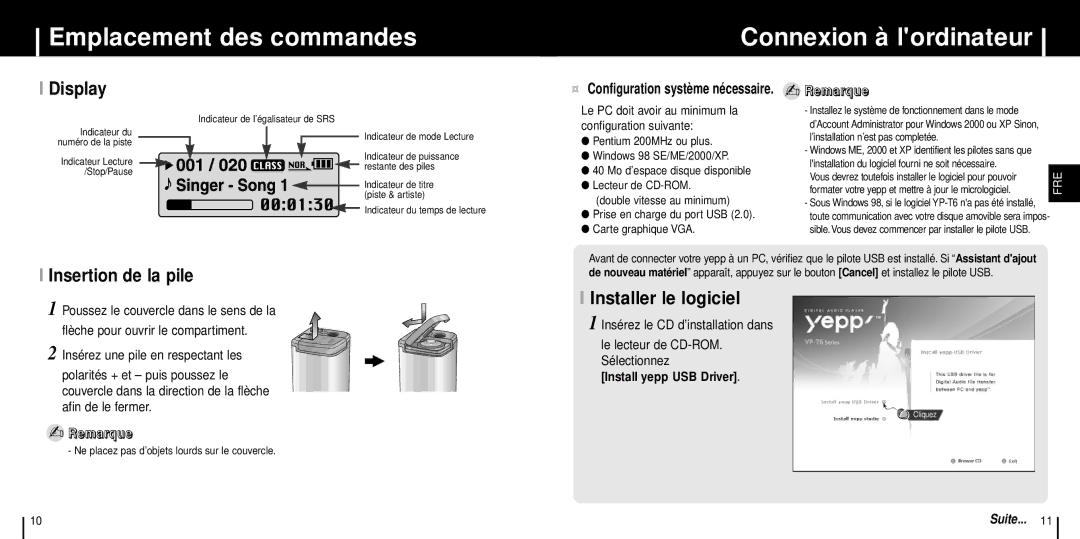 Samsung YP-T6X/XAA manual Emplacement des commandes Connexion à lordinateur, Insertion de la pile, Installer le logiciel 