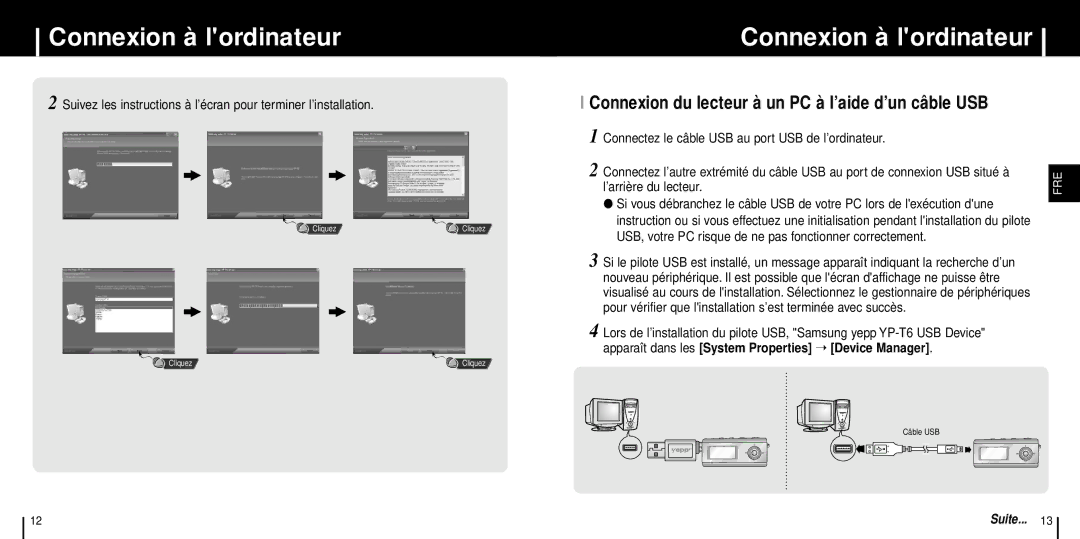 Samsung YP-T6VL/ELS, YP-T6X/ELS, YP-T6ZL/ELS manual Connectez le câble USB au port USB de l’ordinateur, ’arrière du lecteur 