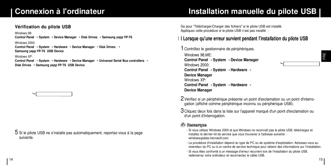 Samsung YP-T6V/ELS, YP-T6X/ELS, YP-T6ZL/ELS, YP-T6Z/ELS manual Installation manuelle du pilote USB, Vérification du pilote USB 