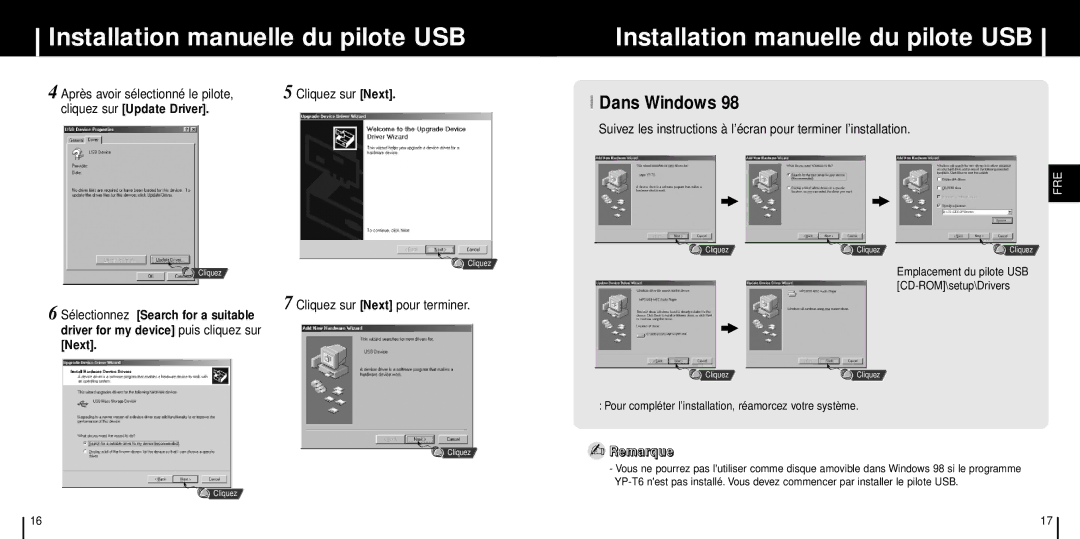 Samsung YP-T6X/ELS, YP-T6ZL/ELS, YP-T6Z/ELS, YP-T6X/REE, YP-T6H/ELS manual Dans Windows, Après avoir sélectionné le pilote 