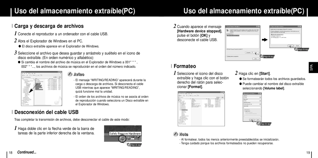 Samsung YP-T6V/ELS Uso del almacenamiento extraíblePC, Carga y descarga de archivos, Desconexión del cable USB, Formateo 