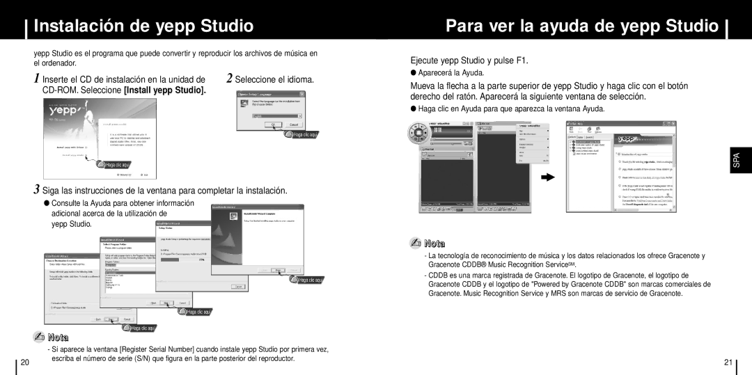 Samsung YP-T6V Instalación de yepp Studio, Para ver la ayuda de yepp Studio, Inserte el CD de instalación en la unidad de 