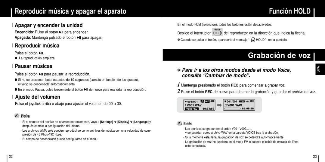 Samsung YP-T6Z/ELS, YP-T6H/ELS, YP-T6V/ELS manual Reproducir música y apagar el aparato, Función Hold, Grabación de voz 