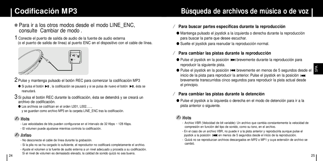 Samsung YP-T6H/ELS, YP-T6Z/ELS, YP-T6V/ELS manual Codificación MP3, ¤ Para buscar partes específicas durante la reproducción 