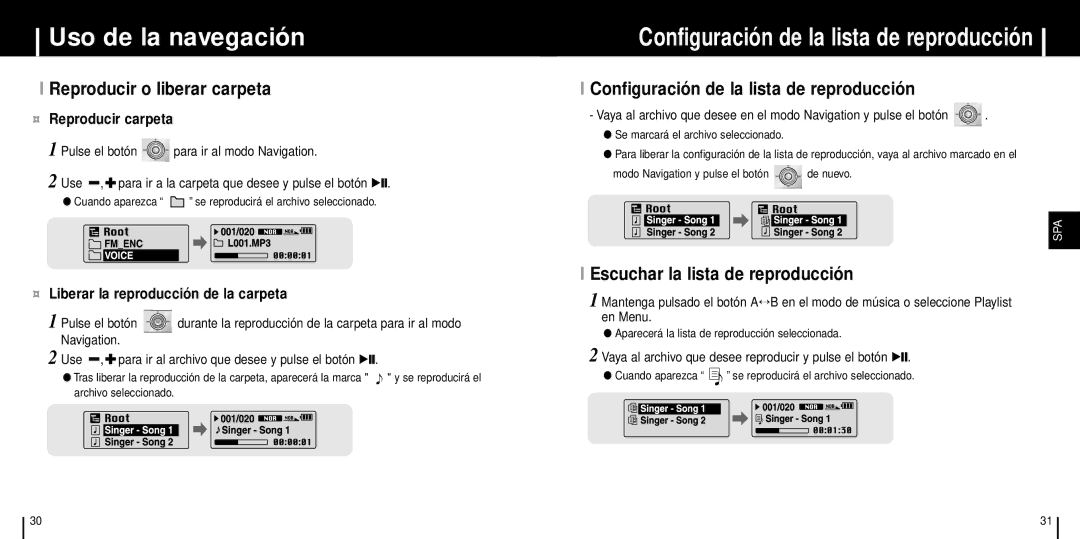 Samsung YP-T6Z/ELS, YP-T6V Reproducir o liberar carpeta, Configuración de la lista de reproducción, ¤ Reproducir carpeta 