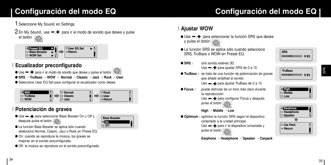 Samsung YP-T6V/ELS, YP-T6Z/ELS Configuración del modo EQ, Ecualizador preconfigurado, Potenciación de graves, Ajustar WOW 