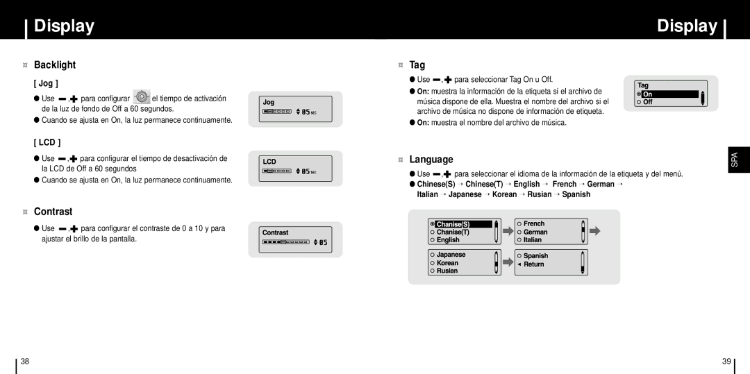 Samsung YP-T6Z/ELS, YP-T6H/ELS, YP-T6V/ELS manual ¤ Backlight, ¤ Contrast, ¤ Tag, ¤ Language 