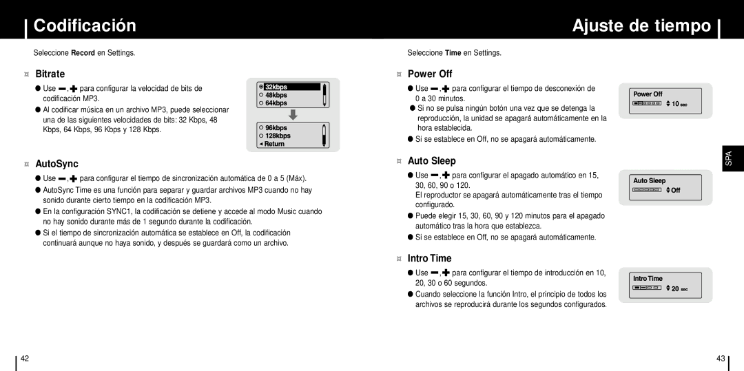 Samsung YP-T6V/ELS, YP-T6Z/ELS, YP-T6H/ELS manual Codificación, Ajuste de tiempo, ¤ Bitrate, ¤ Auto Sleep 