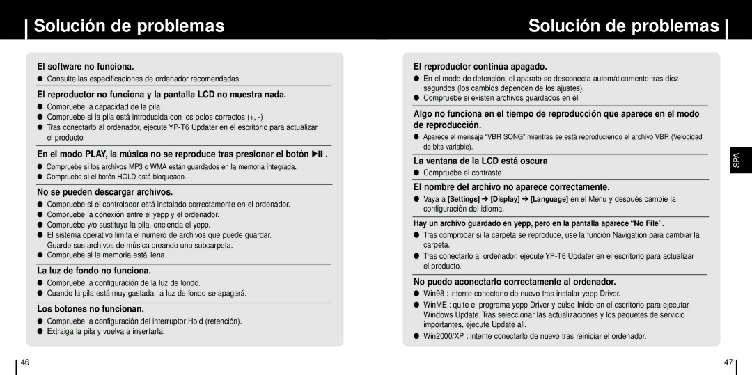 Samsung YP-T6Z/ELS Solución de problemas, Consulte las especificaciones de ordenador recomendadas, Compruebe el contraste 