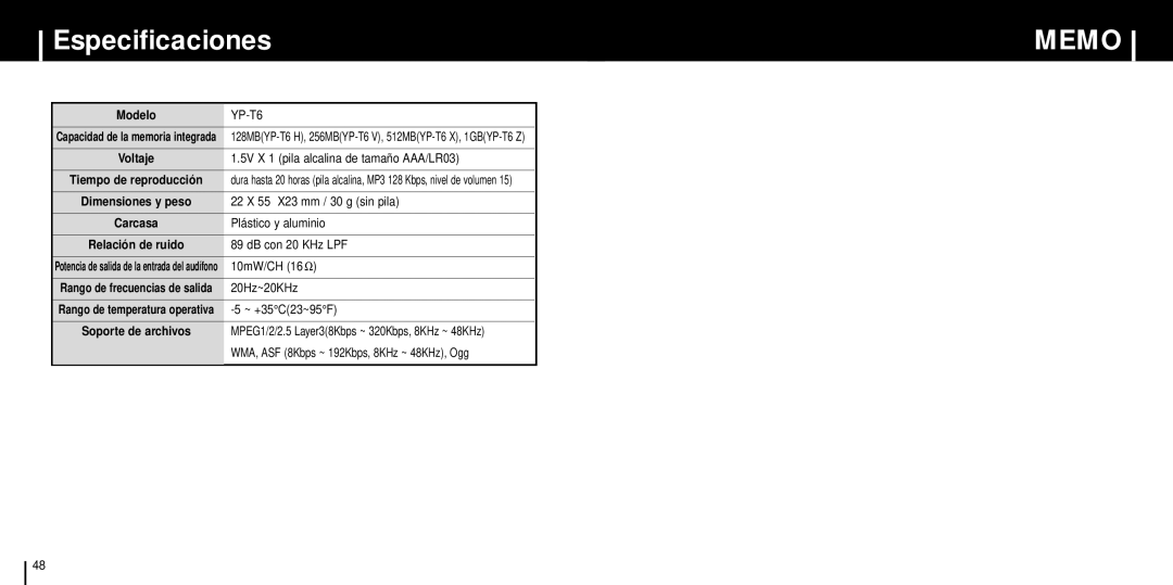 Samsung YP-T6H/ELS, YP-T6Z/ELS, YP-T6V/ELS manual Especificaciones 