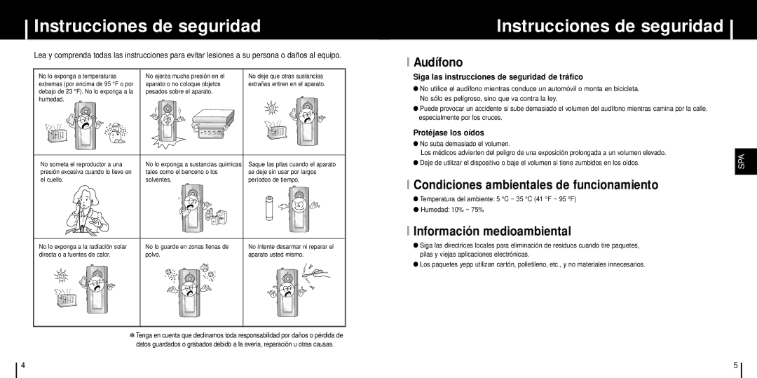 Samsung YP-T6V Instrucciones de seguridad, Audífono, Condiciones ambientales de funcionamiento, Información medioambiental 