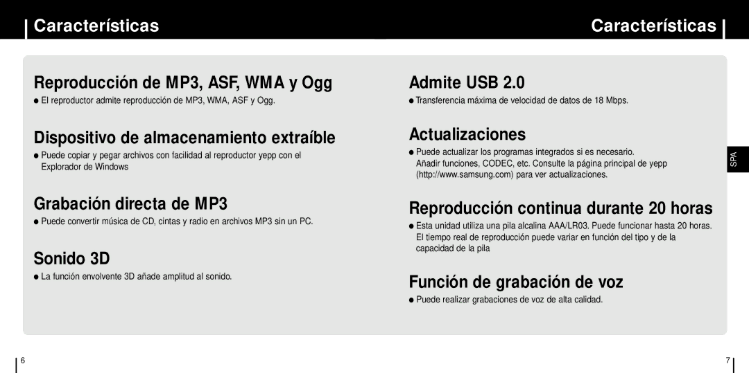 Samsung YP-T6Z/ELS, YP-T6H/ELS, YP-T6V/ELS manual Características 