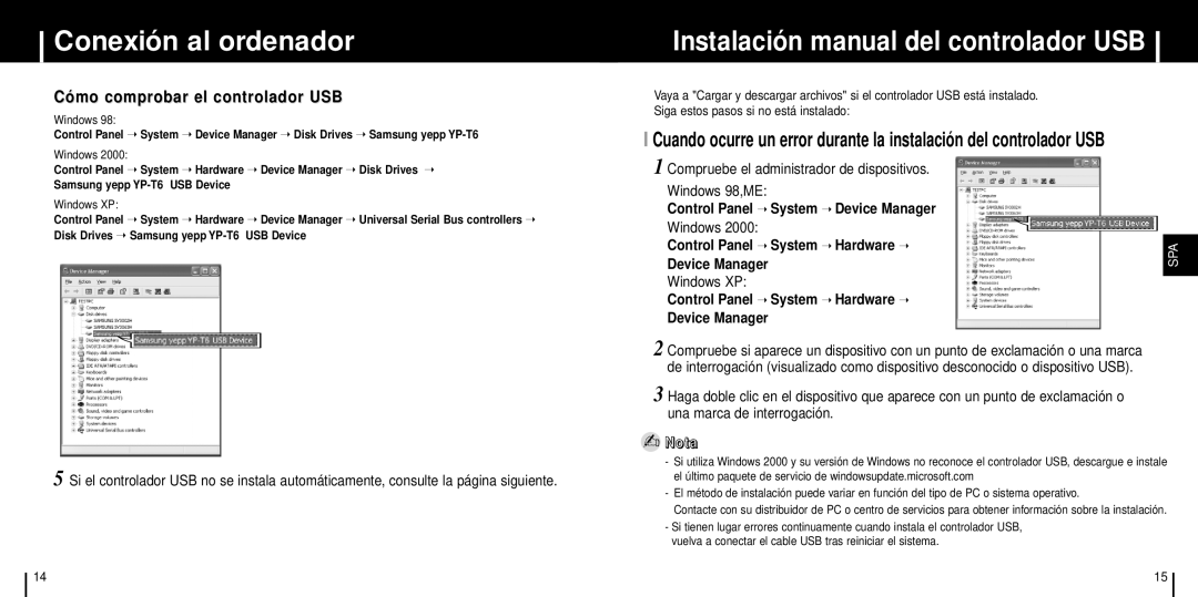 Samsung YP-T6Z/ELS Instalación manual del controlador USB, Compruebe el administrador de dispositivos Windows 98,ME 