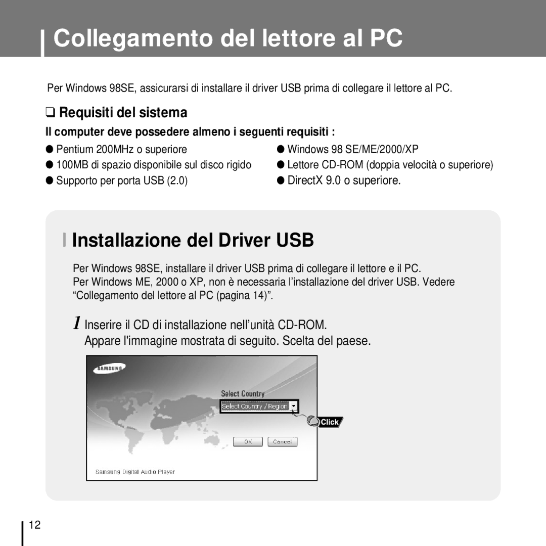 Samsung YP-T7FZB/ELS, YP-T7FQB/ELS, YP-T7FZS/ELS, YP-T7FQS/ELS manual Installazione del Driver USB, Supporto per porta USB 