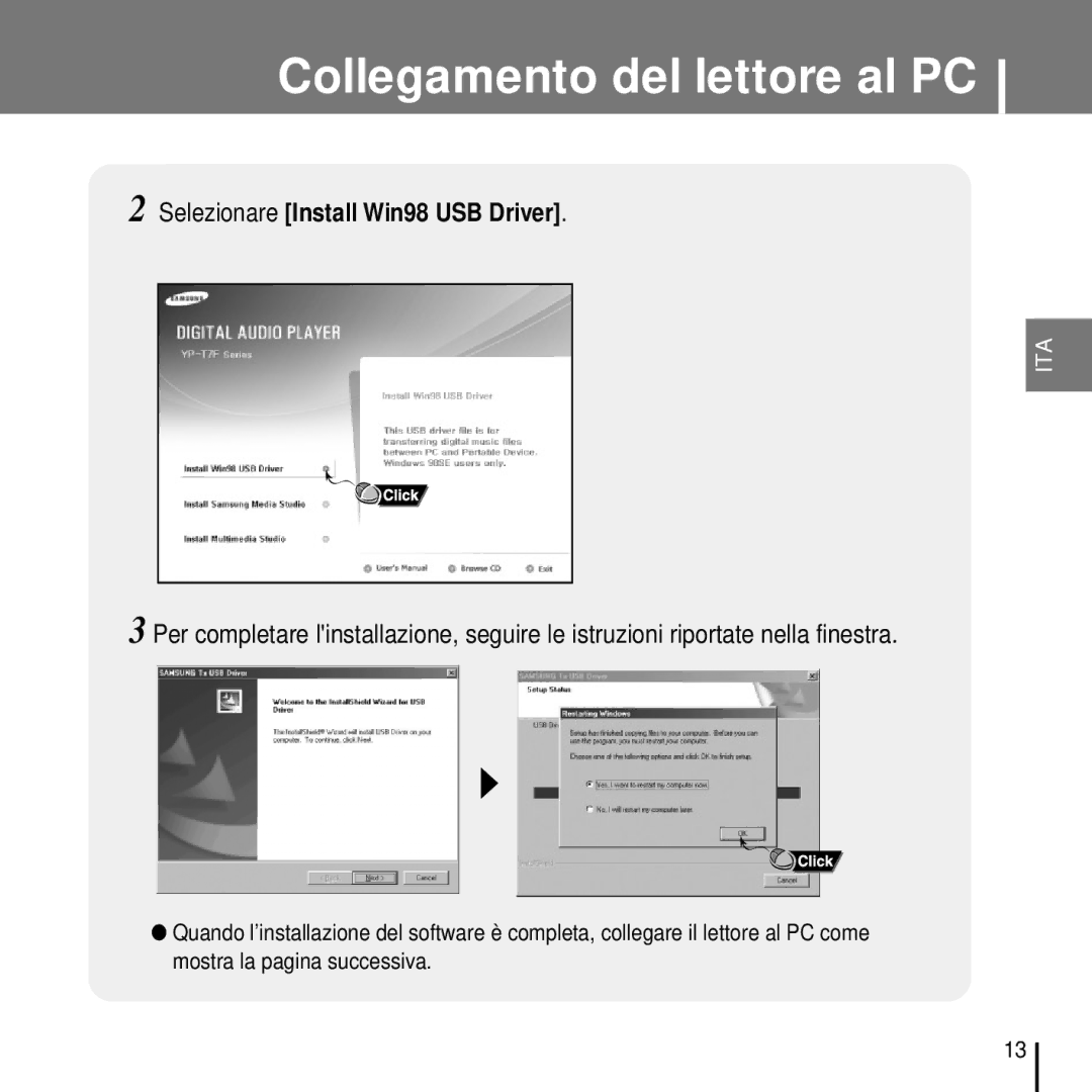 Samsung YP-T7FQS/ELS, YP-T7FQB/ELS, YP-T7FZS/ELS, YP-T7FZB/ELS, YP-T7FZS/XET manual Selezionare Install Win98 USB Driver 