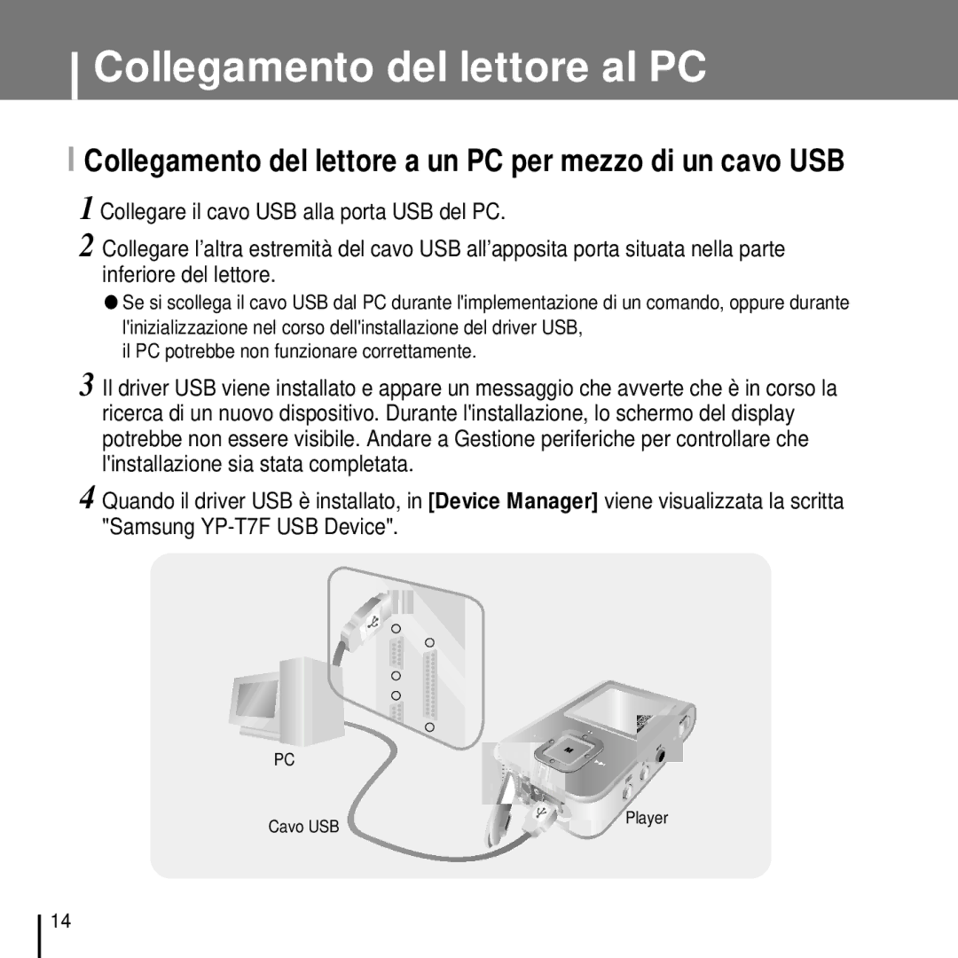 Samsung YP-T7FZS/XET, YP-T7FQB/ELS, YP-T7FZS/ELS, YP-T7FZB/ELS Collegamento del lettore a un PC per mezzo di un cavo USB 