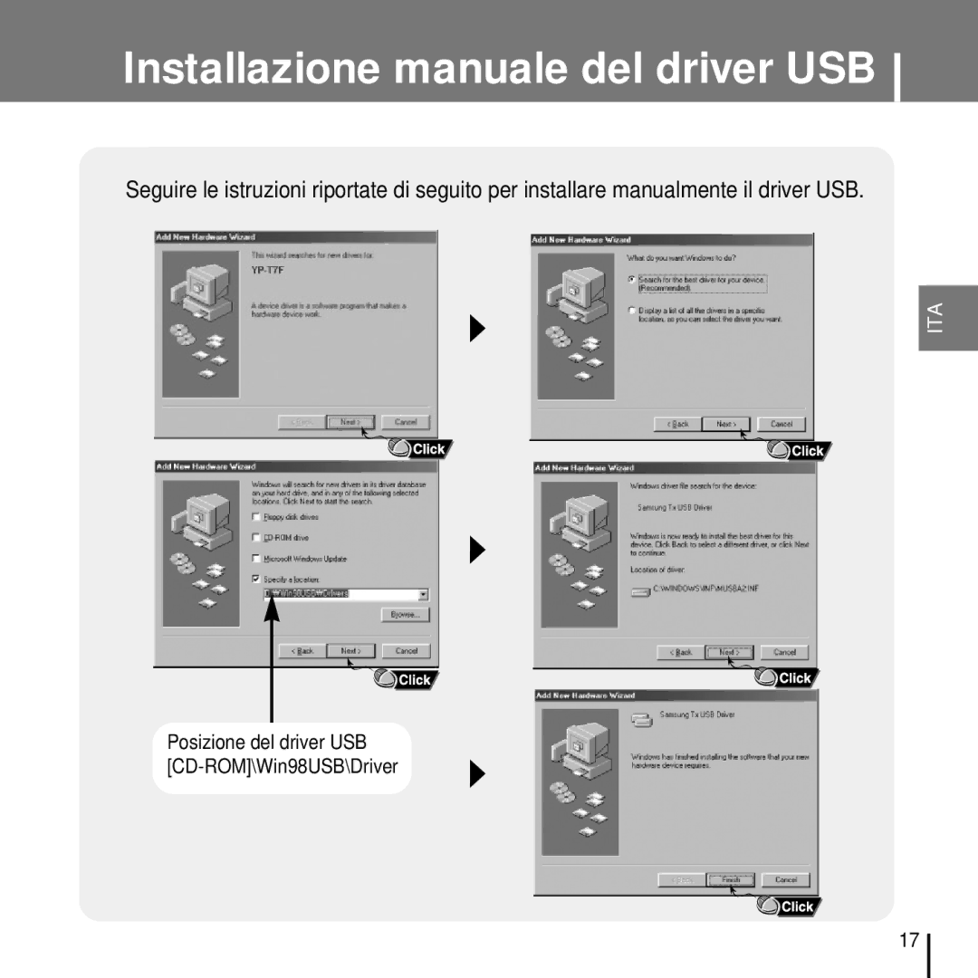 Samsung YP-T7FZB/ELS, YP-T7FQB/ELS, YP-T7FZS/ELS, YP-T7FQS/ELS, YP-T7FZS/XET Posizione del driver USB CD-ROM\Win98USB\Driver 