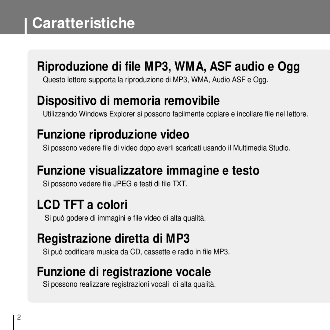 Samsung YP-T7FZB/ELS, YP-T7FQB/ELS, YP-T7FZS/ELS manual Caratteristiche, Si possono vedere file Jpeg e testi di file TXT 