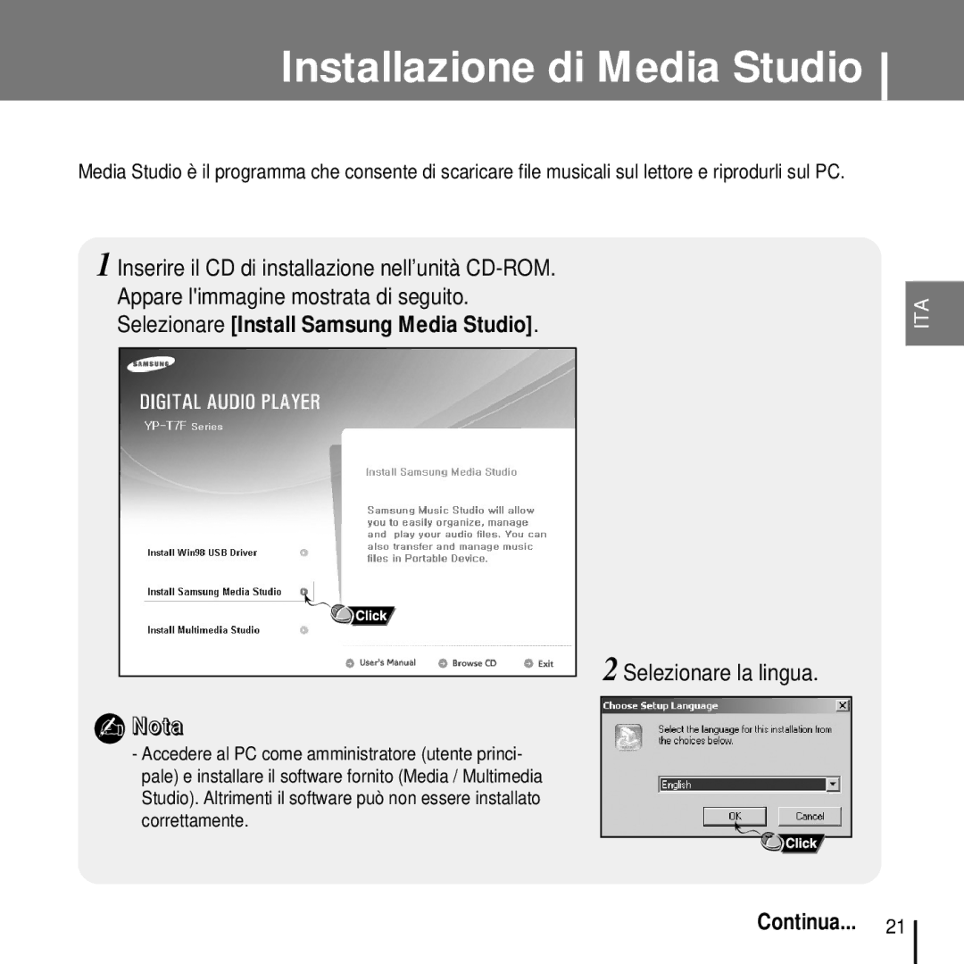 Samsung YP-T7FZS/ELS, YP-T7FQB/ELS, YP-T7FZB/ELS, YP-T7FQS/ELS manual Installazione di Media Studio, Selezionare la lingua 