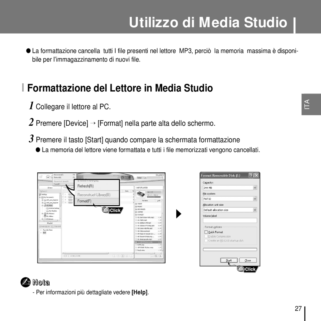 Samsung YP-T7FZB/ELS, YP-T7FQB/ELS, YP-T7FZS/ELS, YP-T7FQS/ELS, YP-T7FZS/XET manual Formattazione del Lettore in Media Studio 