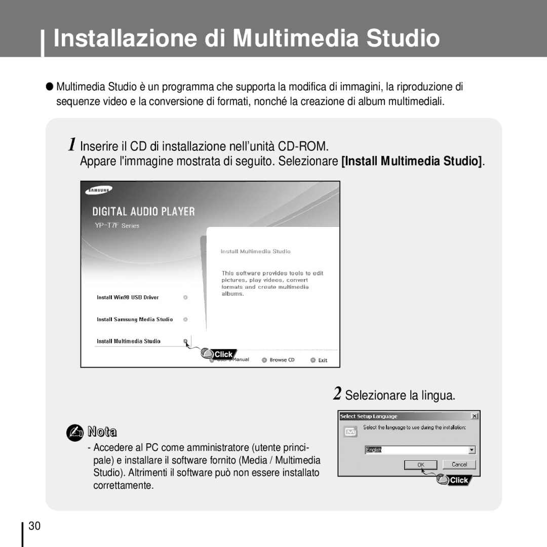 Samsung YP-T7FQB/ELS, YP-T7FZS/ELS Installazione di Multimedia Studio, Inserire il CD di installazione nell’unità CD-ROM 