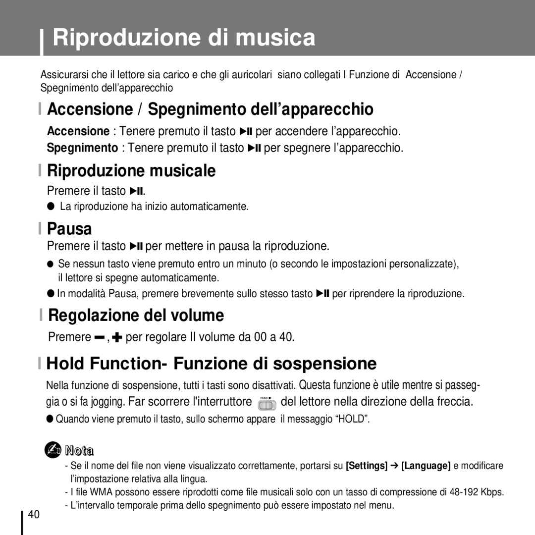 Samsung YP-T7FQB/ELS, YP-T7FZS/ELS, YP-T7FZB/ELS, YP-T7FQS/ELS, YP-T7FZS/XET manual Riproduzione di musica 