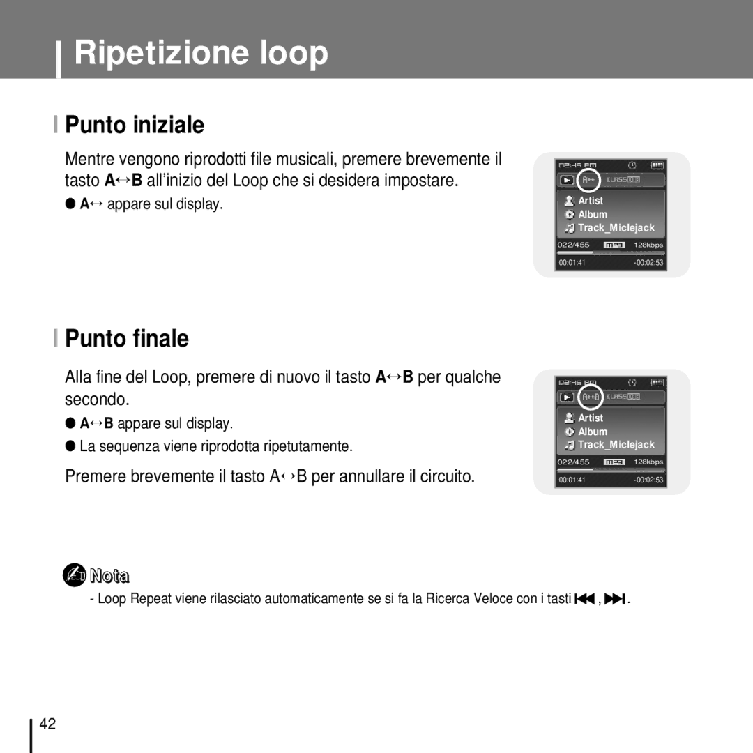 Samsung YP-T7FZB/ELS, YP-T7FQB/ELS, YP-T7FZS/ELS, YP-T7FQS/ELS, YP-T7FZS/XET Ripetizione loop, Punto iniziale, Punto finale 