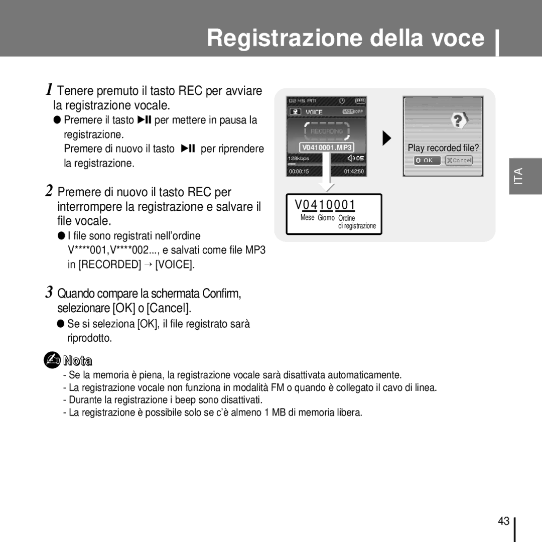 Samsung YP-T7FQS/ELS, YP-T7FQB/ELS, YP-T7FZS/ELS, YP-T7FZB/ELS, YP-T7FZS/XET manual Registrazione della voce, V04 10 