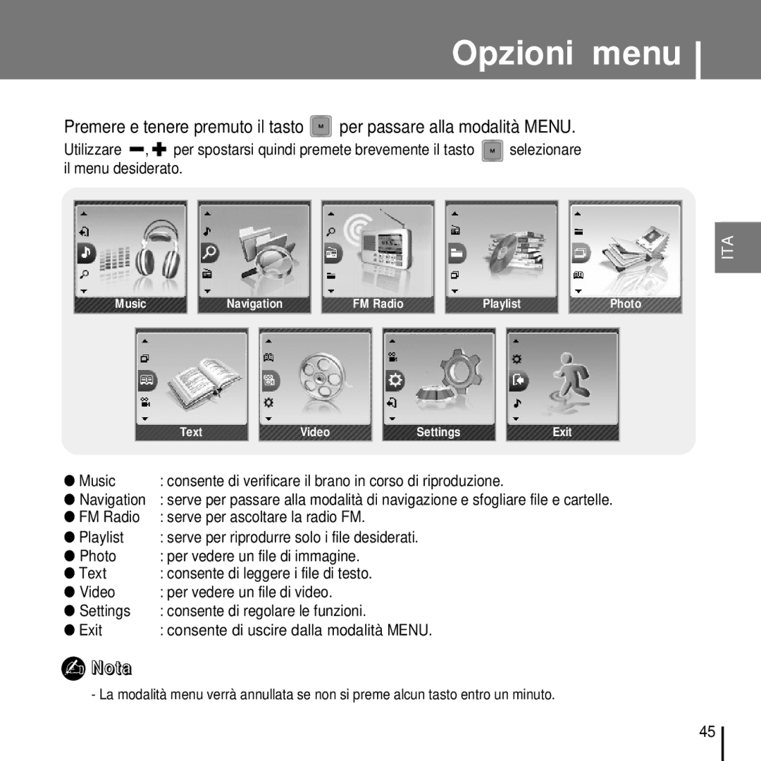 Samsung YP-T7FQB/ELS, YP-T7FZS/ELS, YP-T7FZB/ELS, YP-T7FQS/ELS, YP-T7FZS/XET manual Opzioni menu 