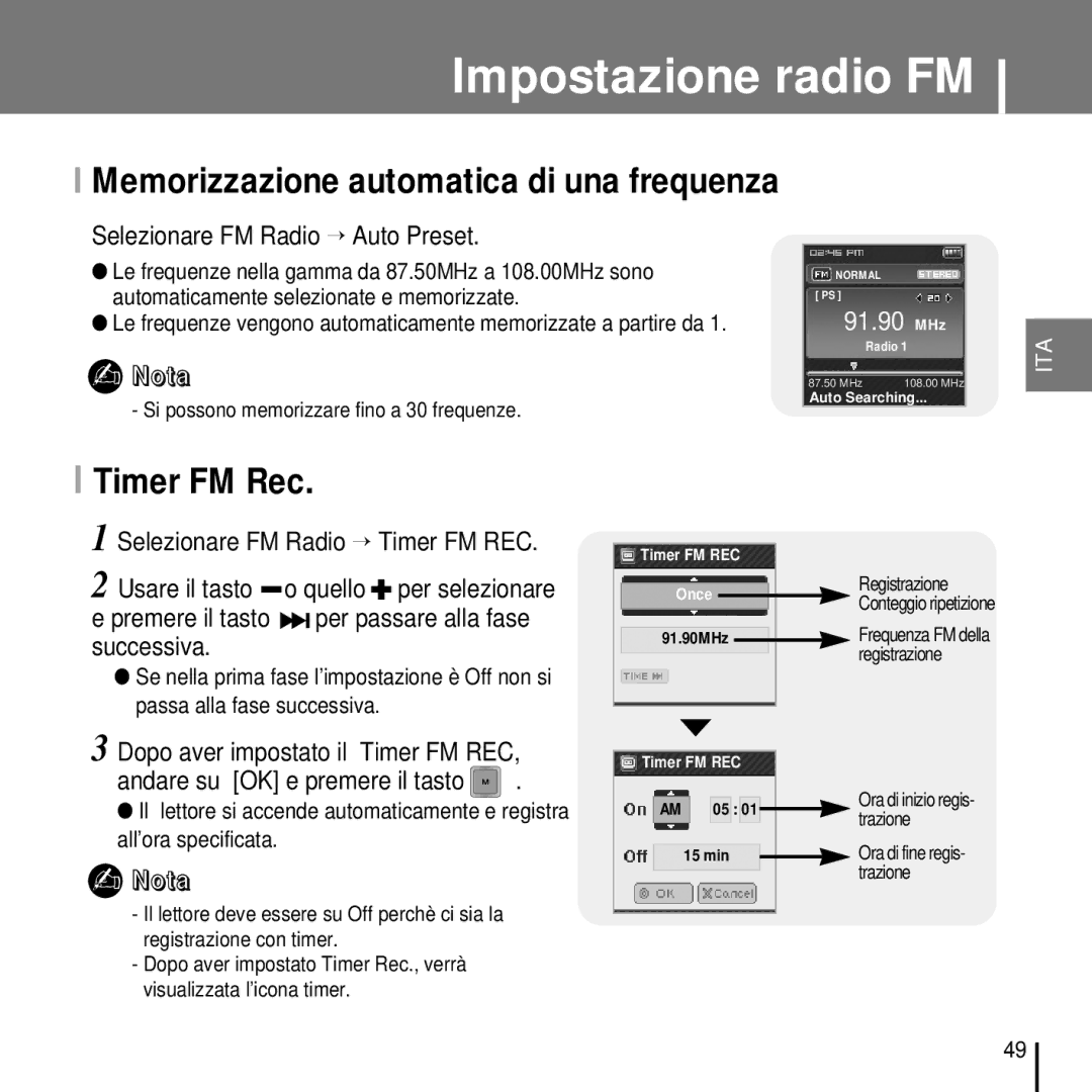 Samsung YP-T7FZS/XET manual Timer FM Rec, Selezionare FM Radio → Auto Preset, Si possono memorizzare fino a 30 frequenze 