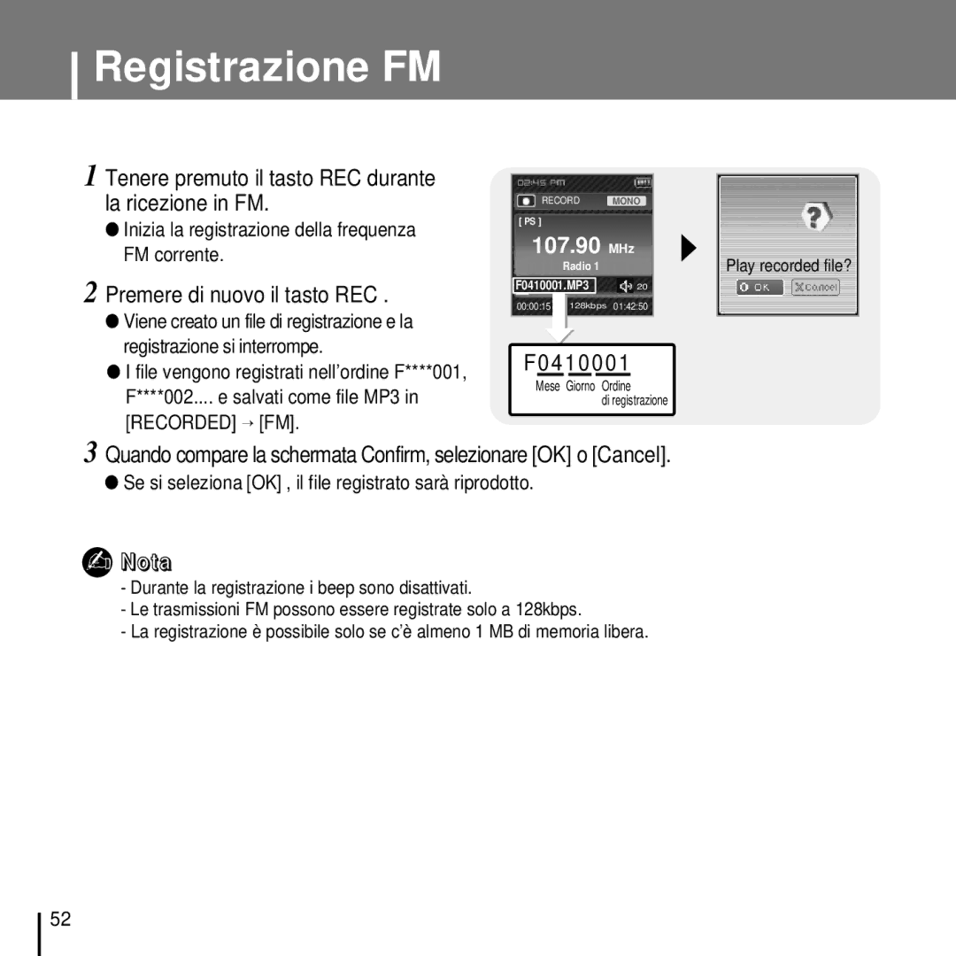 Samsung YP-T7FZB/ELS, YP-T7FQB/ELS manual Registrazione FM, Tenere premuto il tasto REC durante la ricezione in FM, F04 10 