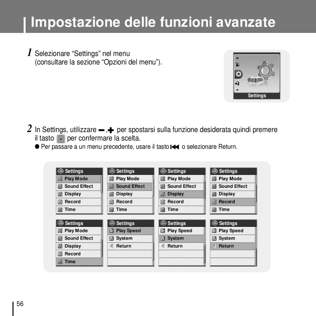 Samsung YP-T7FZS/ELS, YP-T7FQB/ELS, YP-T7FZB/ELS, YP-T7FQS/ELS, YP-T7FZS/XET manual Impostazione delle funzioni avanzate 