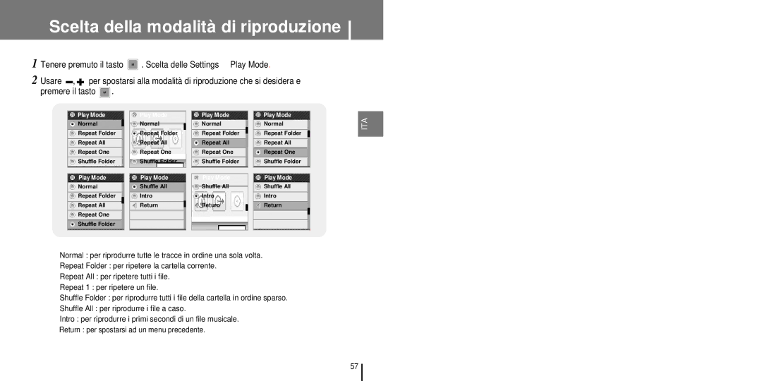 Samsung YP-T7FZB/ELS, YP-T7FQB/ELS, YP-T7FZS/ELS, YP-T7FQS/ELS, YP-T7FZS/XET manual Scelta della modalità di riproduzione 