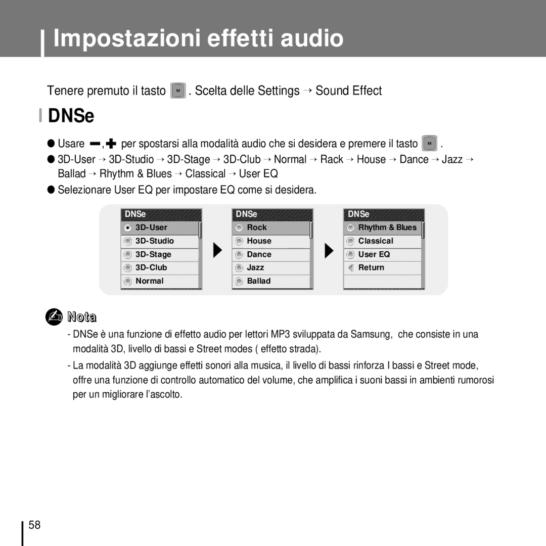 Samsung YP-T7FQS/ELS, YP-T7FQB/ELS, YP-T7FZS/ELS, YP-T7FZB/ELS, YP-T7FZS/XET manual Impostazioni effetti audio, DNSe 