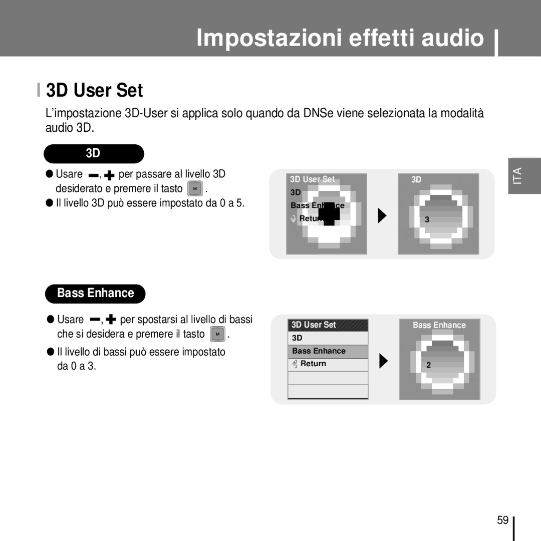 Samsung YP-T7FZS/XET, YP-T7FQB/ELS, YP-T7FZS/ELS, YP-T7FZB/ELS, YP-T7FQS/ELS manual 3D User Set, Bass Enhance 