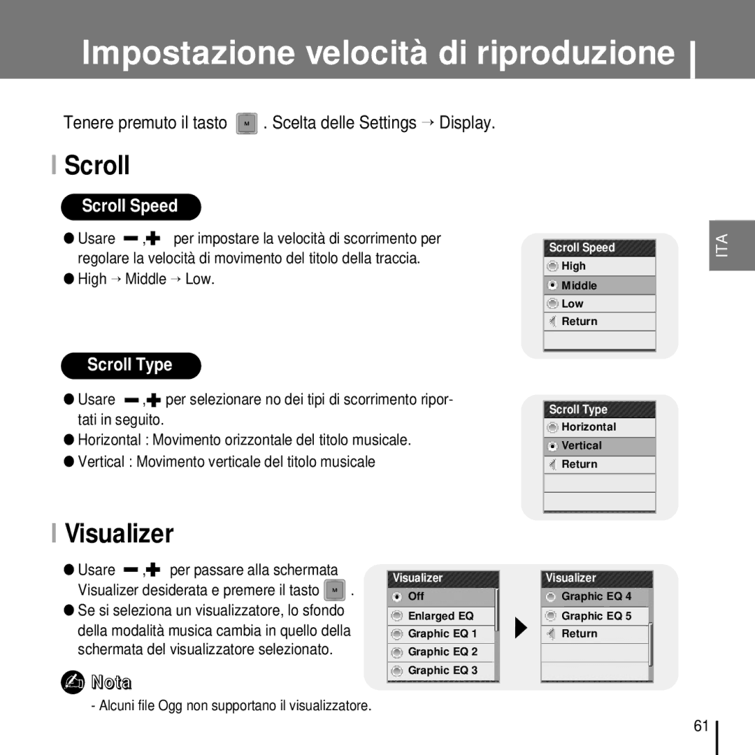 Samsung YP-T7FZS/ELS, YP-T7FQB/ELS, YP-T7FZB/ELS, YP-T7FQS/ELS Impostazione velocità di riproduzione, Scroll, Visualizer 