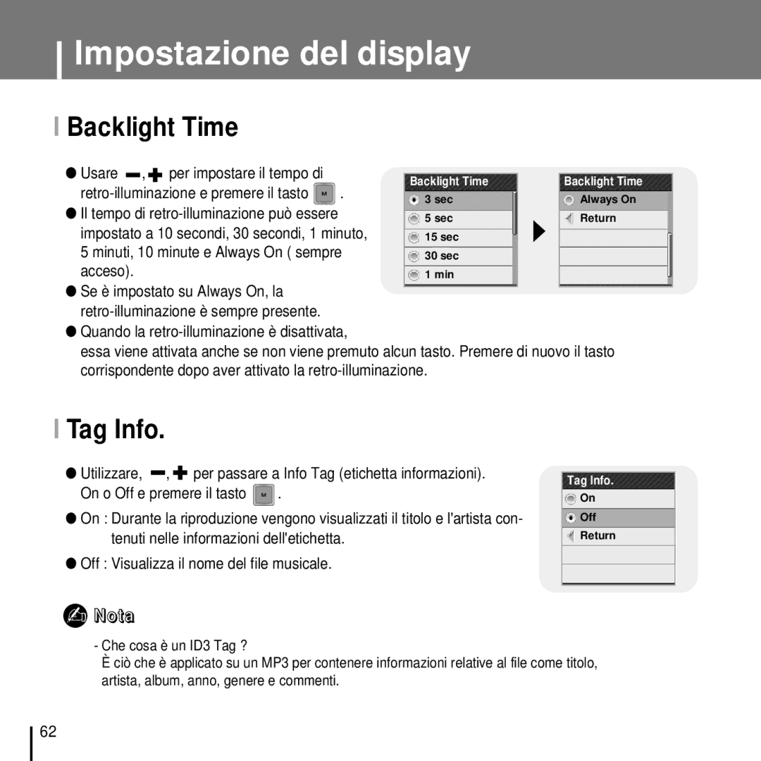 Samsung YP-T7FZB/ELS, YP-T7FQB/ELS, YP-T7FZS/ELS, YP-T7FQS/ELS manual Impostazione del display, Backlight Time, Tag Info 