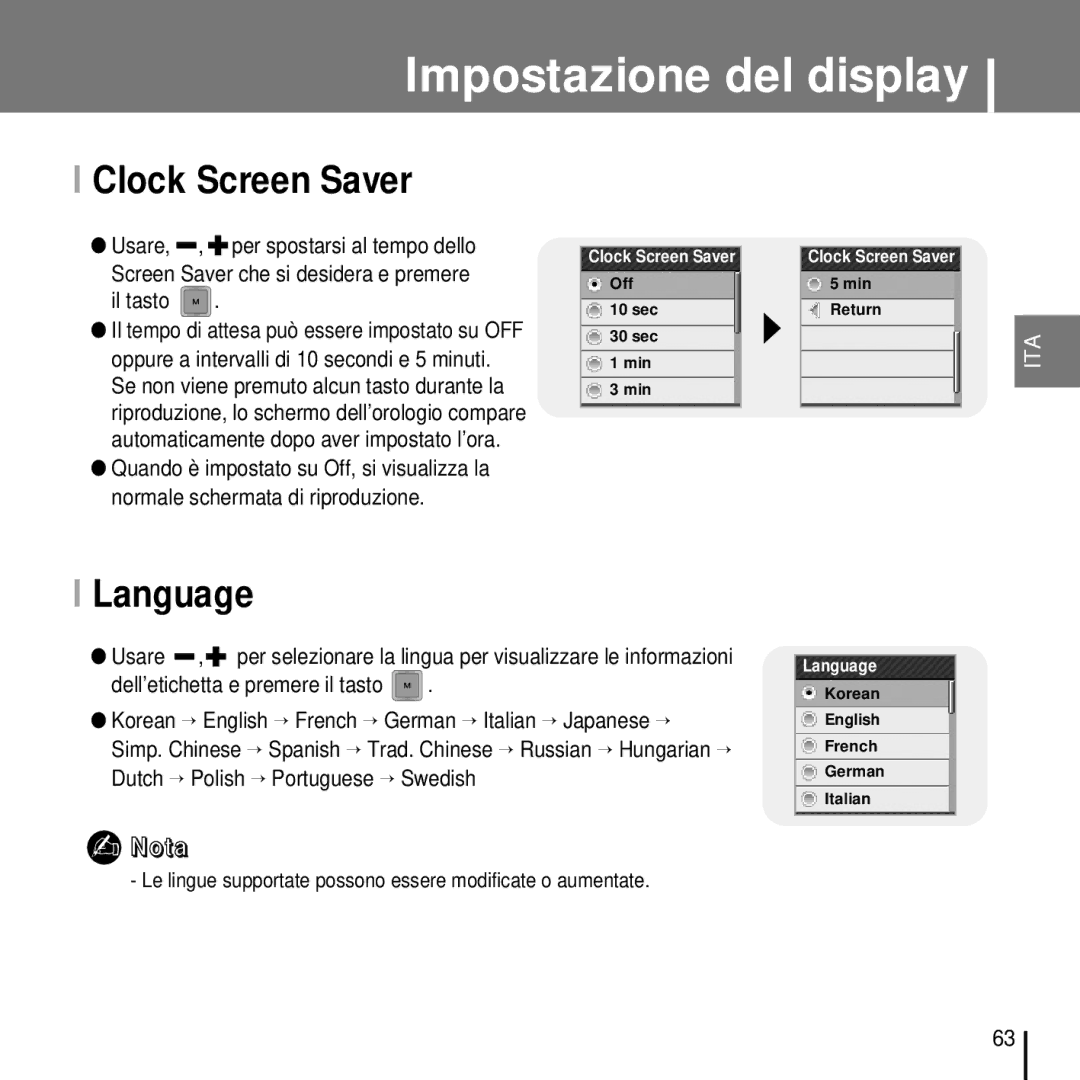 Samsung YP-T7FQS/ELS manual Clock Screen Saver, Language, Le lingue supportate possono essere modificate o aumentate 