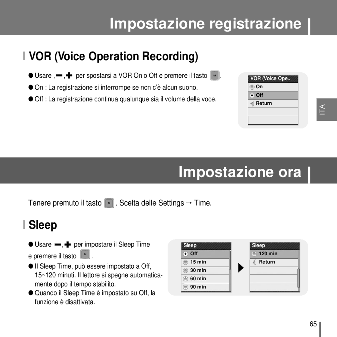 Samsung YP-T7FQB/ELS, YP-T7FZS/ELS, YP-T7FZB/ELS, YP-T7FQS/ELS manual Impostazione ora, VOR Voice Operation Recording, Sleep 