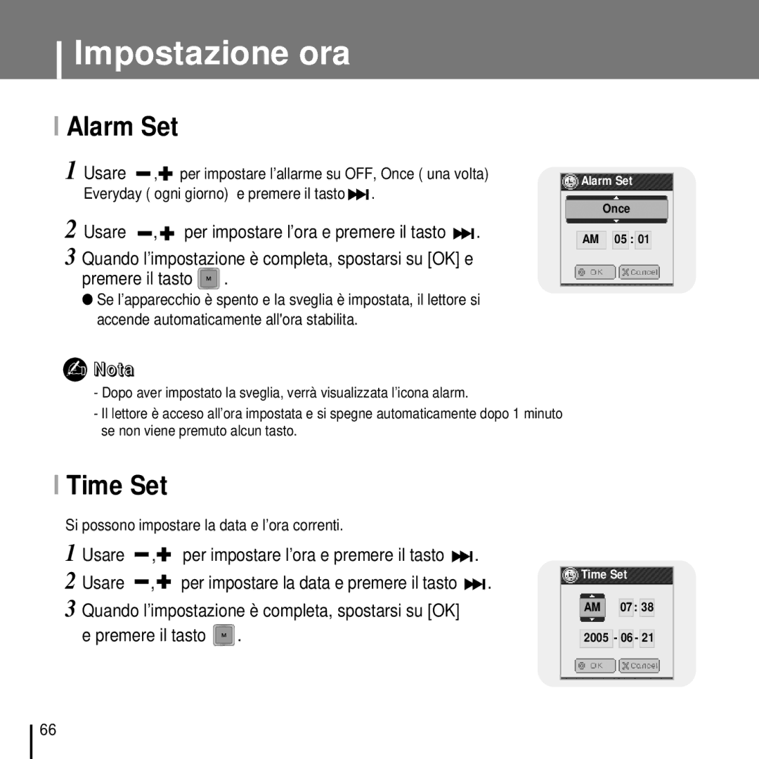 Samsung YP-T7FZS/ELS, YP-T7FQB/ELS, YP-T7FZB/ELS manual Alarm Set, Time Set, Usare , per impostare l’ora e premere il tasto 