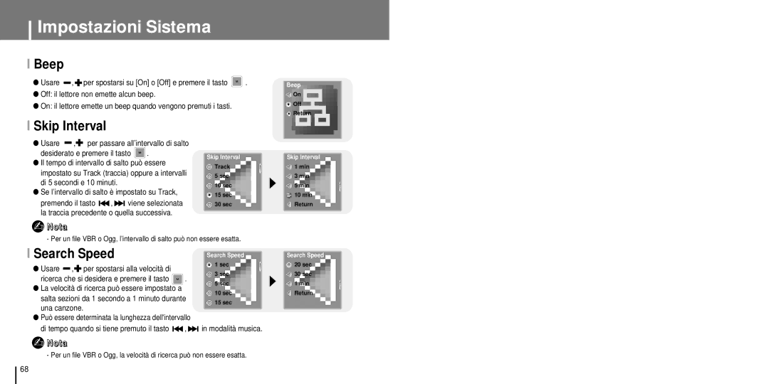 Samsung YP-T7FQS/ELS, YP-T7FQB/ELS, YP-T7FZS/ELS Beep, Skip Interval, Search Speed, Usare Per spostarsi alla velocità di 