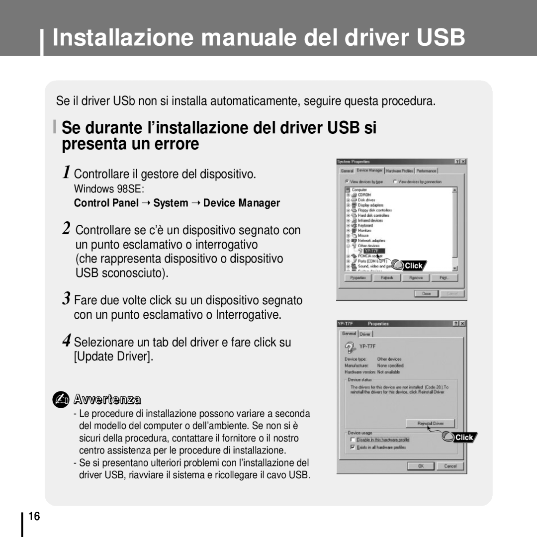 Samsung YP-T7FZS/ELS, YP-T7FQB/ELS Installazione manuale del driver USB, Controllare il gestore del dispositivo 