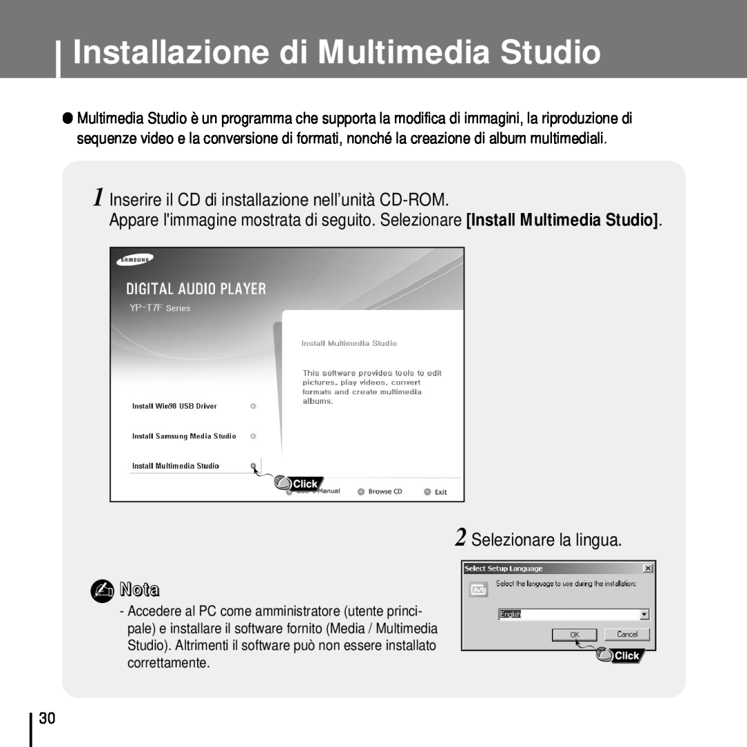 Samsung YP-T7FQB/ELS, YP-T7FZS/ELS Installazione di Multimedia Studio, Inserire il CD di installazione nell’unità CD-ROM 