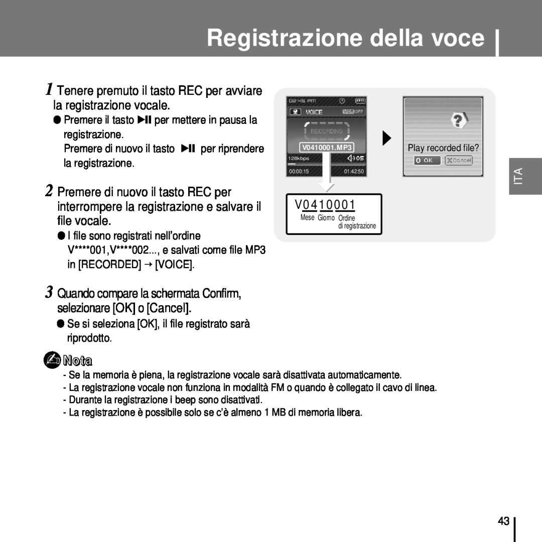 Samsung YP-T7FQS/ELS Registrazione della voce, Tenere premuto il tasto REC per avviare la registrazione vocale, V04 10 