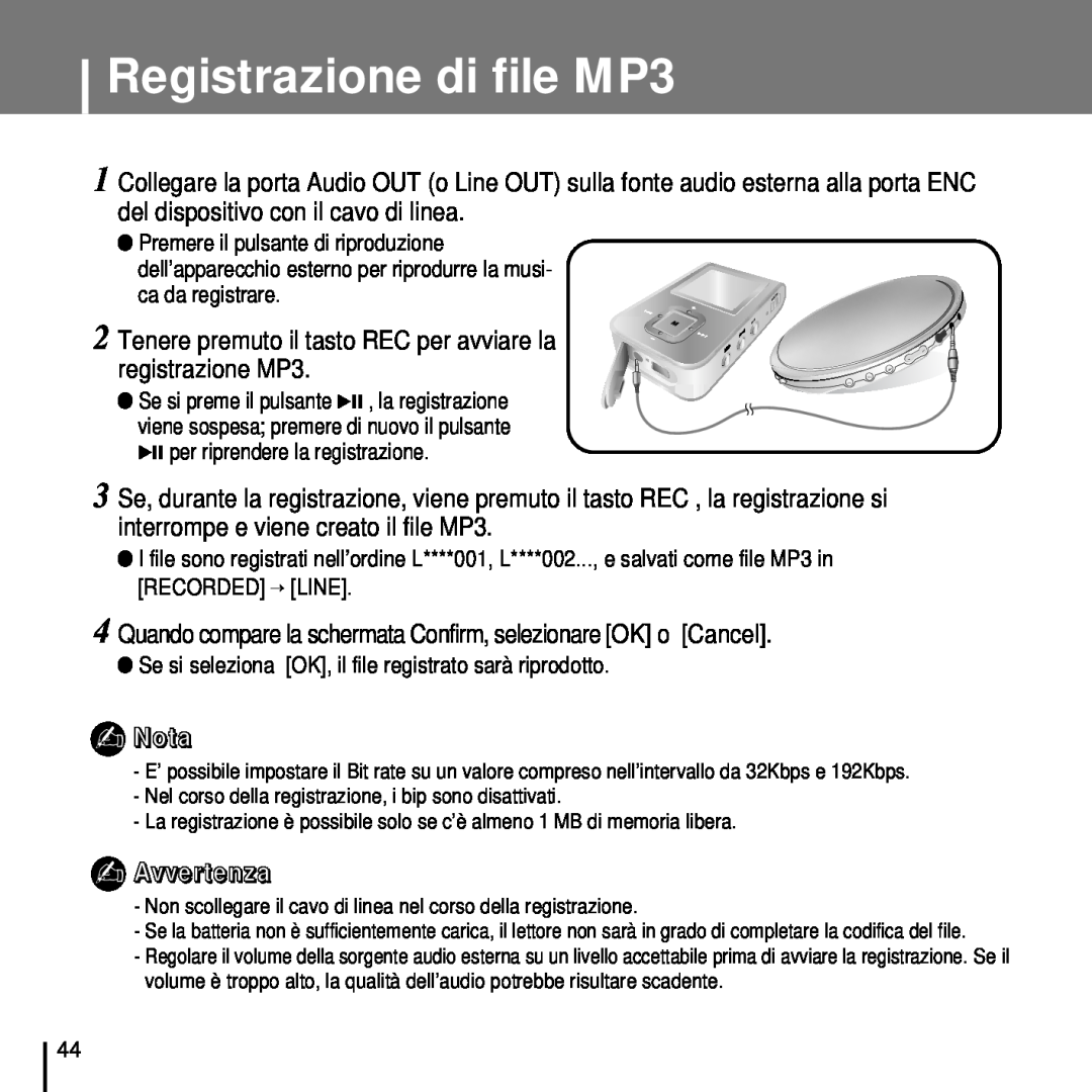 Samsung YP-T7FZS/XET, YP-T7FQB/ELS Registrazione di file MP3, Tenere premuto il tasto REC per avviare la registrazione MP3 