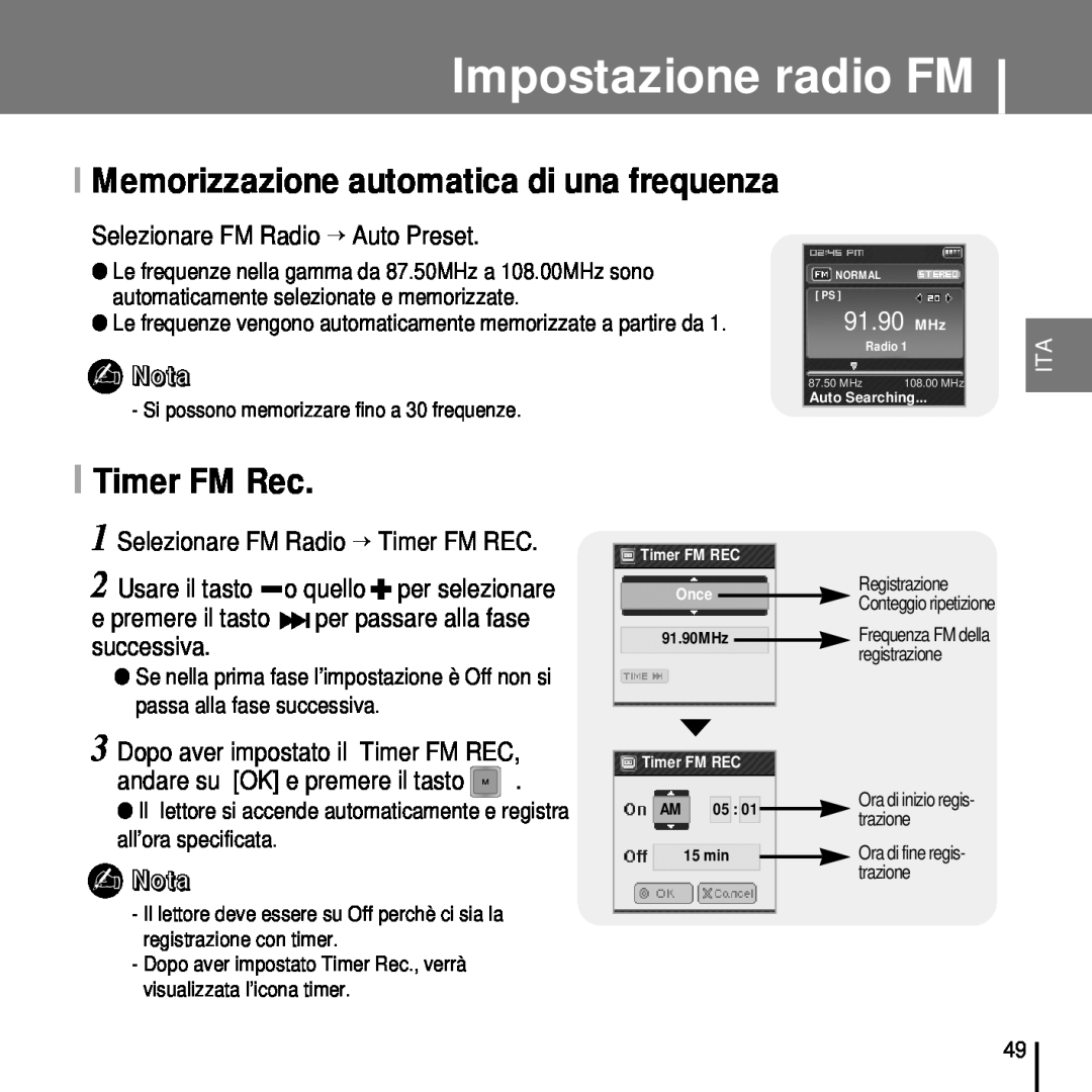 Samsung YP-T7FZS/XET manual Impostazione radio FM, I Timer FM Rec, I Memorizzazione automatica di una frequenza, 91.90 MHz 