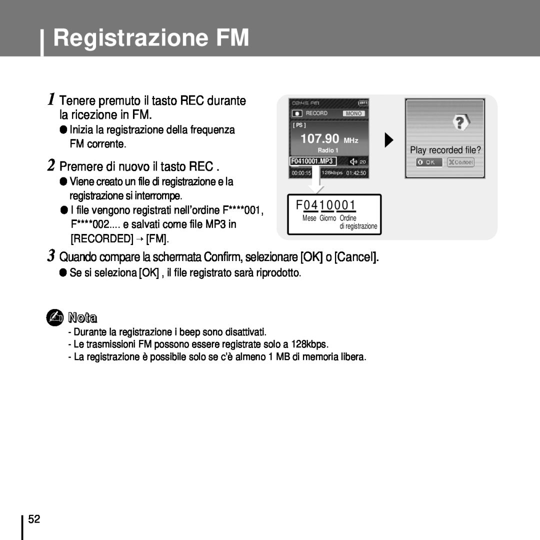 Samsung YP-T7FZB/ELS manual Registrazione FM, Tenere premuto il tasto REC durante la ricezione in FM, 107.90 MHz, F04 10 